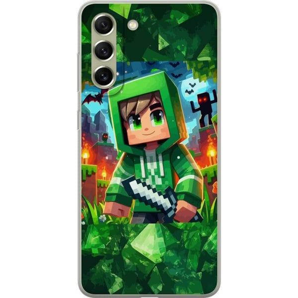 Kompatibel Mobilcover til Samsung Galaxy S21 FE 5G Minecraft-gamerdreng i grøn hættetrøje – tegnet Minecraft-dreng med sværd, pixels og eventyrtema