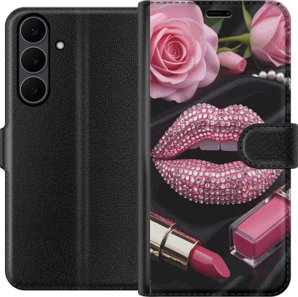 Kompatibelt Lommeboketui til Samsung Galaxy S25 FE rosa glitter lepper sminke diamanter roser neglelakk mote glamour skjønnhet plakat rosa lepper kun