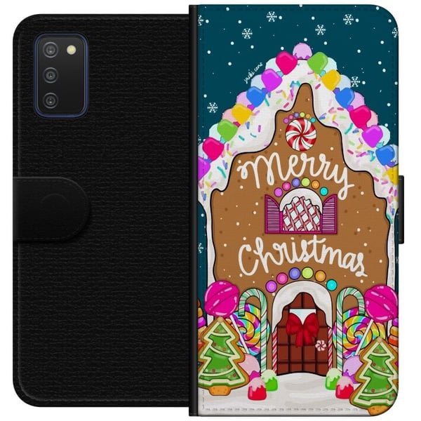 Kompatibelt Lommeboketui til Samsung Galaxy A03s Sjarmerende pepperkakehus med fargerike godterier, snødetaljer og teksten Merry Christmas – et kosel