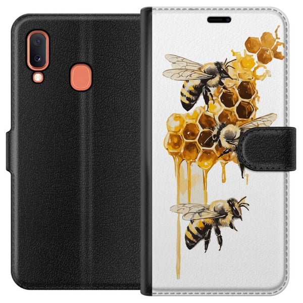 Kompatibelt Plånboksfodral till Samsung Galaxy A20e Bin och honungskakor i gyllene färger naturinspirerad design med varm ton och sommarkänsla