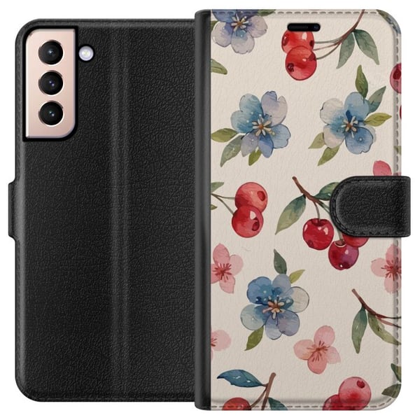 Kompatibelt Lommeboketui til Samsung Galaxy S21 Bær & Blomster - mønster med blå blomster og skogsbær