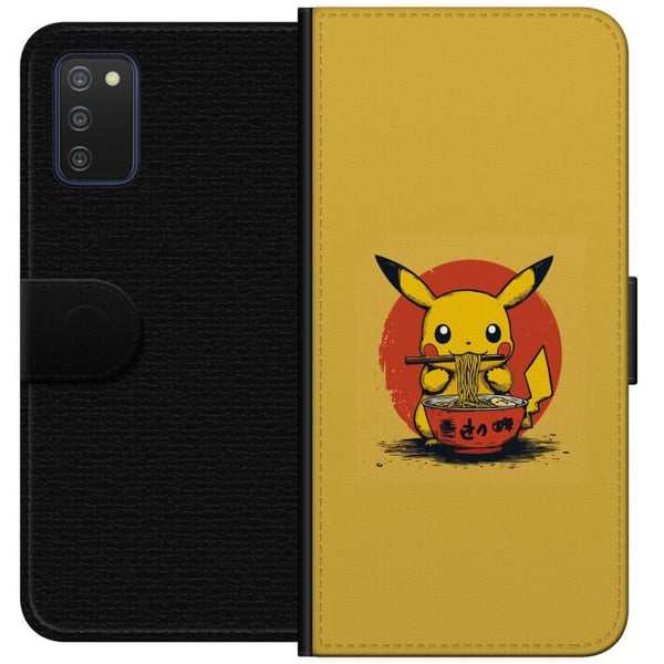 Kompatibelt Lommeboketui til Samsung Galaxy A03s Pikachu som spiser ramen i japansk animeinspirert stil mot gul bakgrunn, et morsomt moderne motiv fo