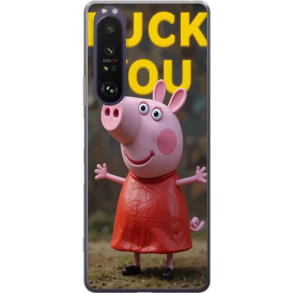 Yhteensopiva Puhelinkuori Sony Xperia 1 III Söpö vaaleanpunainen, Peppa Pig -hahmon kaltainen piirretty possuhahmo uhmakkaassa asennossa ja selkeä ke