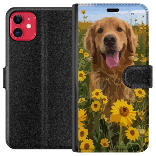 Kompatibelt Plånboksfodral till Apple iPhone 11 Golden Retriever Solrosfält Hundmotiv Natur Sommar Design Kompatibelt Plånboksfodral till Apple iPhone 11 Golden Retriever Solrosfält Hundmotiv Natur Sommar Design