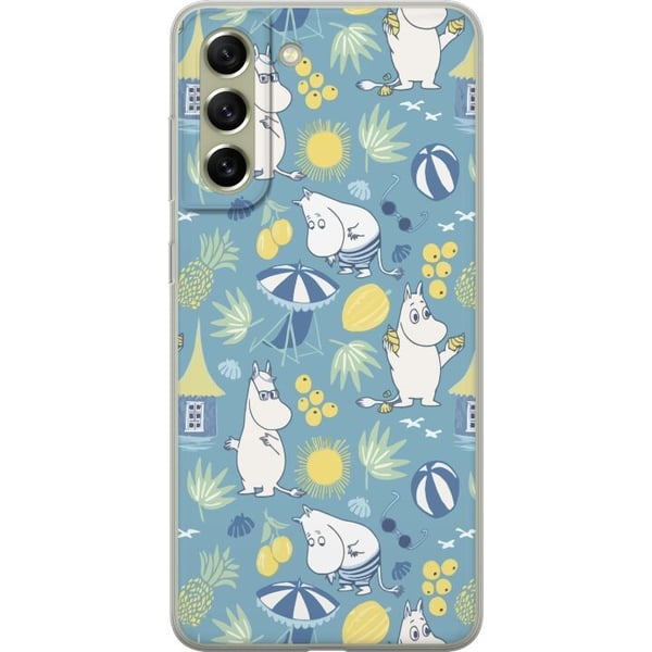 Kompatibel Mobilcover til Samsung Galaxy S21 FE 5G Strandtema med frugter, parasoller, sommerhuse og glade figurer i et farverigt mønster fyldt med l