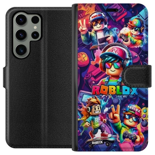 Kompatibel Tegnebogsetui til Samsung Galaxy S23 Ultra Farverig Roblox-spilgruppe med hovedtelefoner og neonfarver til børn og spilinteresserede