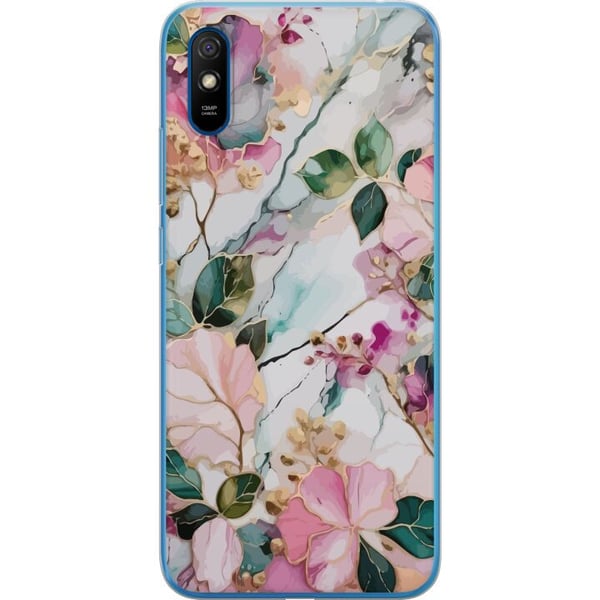 Kompatibelt Mobilskal till Xiaomi Redmi 9A Pastellmarmor med blommor blad och subtila gyllene detaljer i mjuk komposition
