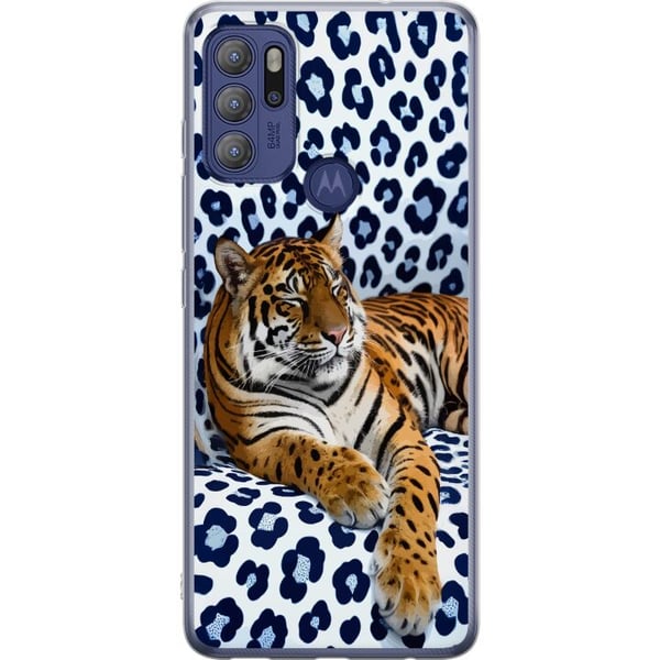 Kompatibel Mobilcover til Motorola Moto G60S Tiger Chill Pattern-motiv med en tiger, der hviler mod en hvidblå mønstret baggrund i moderne design