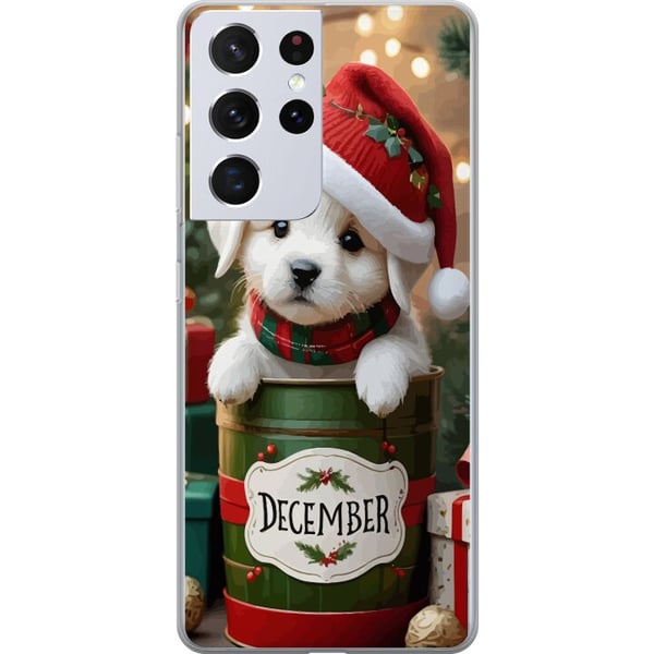 Kompatibel Mobilcover til Samsung Galaxy S21 Ultra 5G December hvalp jul sød hund nissehue hyggelig jul hvalp festlig sne lys yndig ferie plakat
