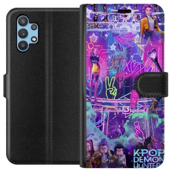 Kompatibelt Plånboksfodral till Samsung Galaxy A32 5G Kpop Demon Hunters Neon Lights City Purple Glow Idol Aesthetic Vibe