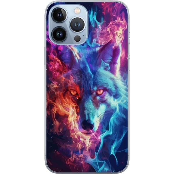 Kompatibelt Mobilskal till Apple iPhone 13 Pro Max Intensiv varg med blå och orange eld runt ansiktet i kraftfull fantasyillustration