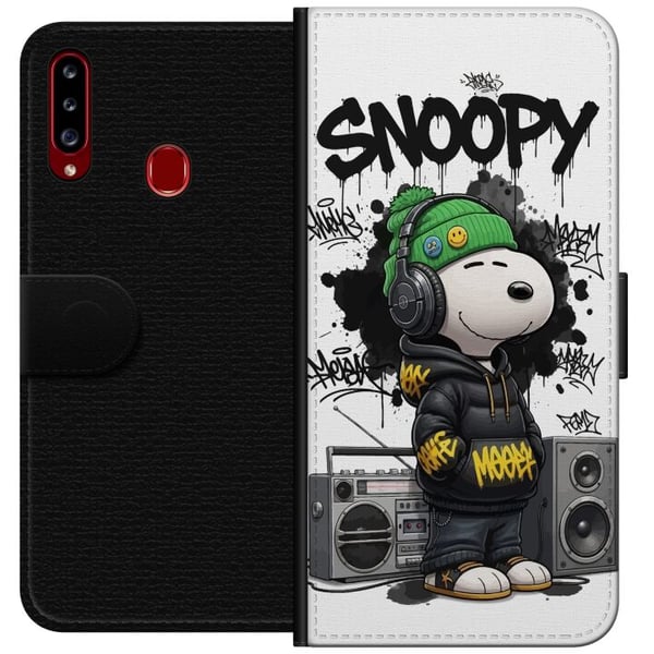 Kompatibelt Lommeboketui til Samsung Galaxy A20s Snoopy i streetwear med hodetelefoner og graffitistil står ved siden av en boombox og smiler bredt,