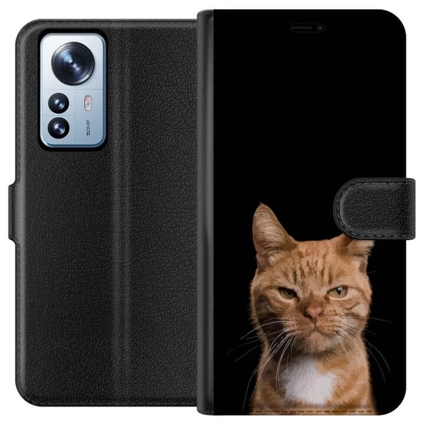 Yhteensopiva Lompakkokotelo Xiaomi 12 Pro Lähikuva oranssista kissasta mustaa taustaa vasten, voimakas kontrasti ja ilmeikäs katse