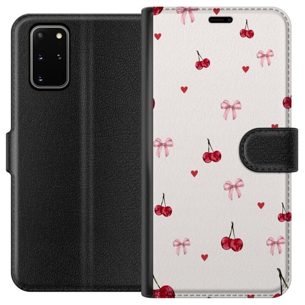 Kompatibelt Plånboksfodral till Samsung Galaxy S20+ Cherry Hearts and Bows med körsbär rosa rosetter och hjärtan i charmig och gullig design