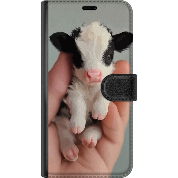 Kompatibelt Plånboksfodral till Apple iPhone 13 mini Nyfödd liten kalv i hand med rosa nos mjuk päls och sött uttryck charmigt naturmotiv perfekt för