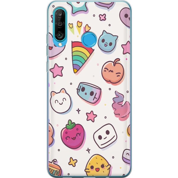 Kompatibelt Mobilskal till Huawei P30 lite Kawaii doodle collage med söta figurer frukter stjärnor hjärtan pastellfärger och lekfull tecknad aestheti