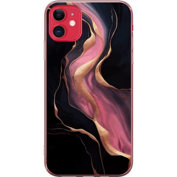Kompatibel Mobilcover til Apple iPhone 11 Abstrakte bølger i sort med lyserøde striber og guldfarvede kanter som flydende marmor mod en mørk baggrund