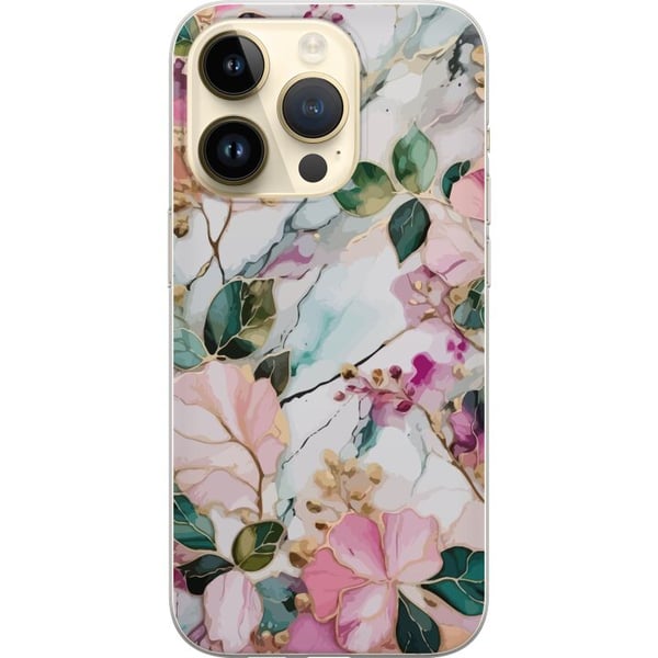 Kompatibel Mobilcover til Apple iPhone 14 Pro Pastelmarmor med blomster, blade og subtile gyldne detaljer i en blød komposition