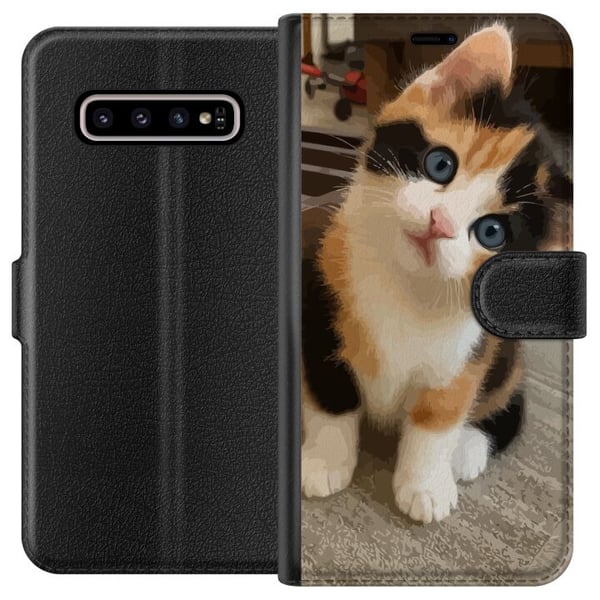 Kompatibelt Plånboksfodral till Samsung Galaxy S10+ Trefärgad kattunge med blå ögon söt inomhusmiljö och charmigt uttryck perfekt för alla som gillar