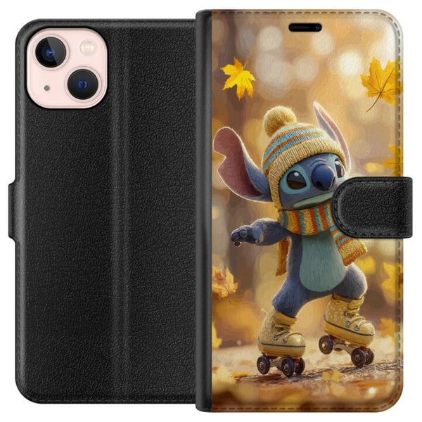 Kompatibel Tegnebogsetui til Apple iPhone 13 mini Efterårsinspireret Stitch på rulleskøjter med hue tørklæde og blade varm sød illustration til Disne