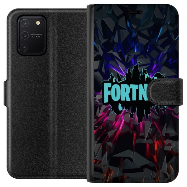 Kompatibelt Lommeboketui til Samsung Galaxy S10 Lite Fortnite-plakat – Logo i blå neon på svart bakgrunn, gamingdesign Kompatibelt Lommeboketui til Samsung Galaxy S10 Lite Fortnite-plakat – Logo i blå neon på svart bakgrunn, gamingdesign