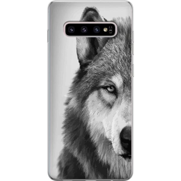 Kompatibelt Mobilskal till Samsung Galaxy S10+ Svartvitt vargporträtt med intensiv blick detaljerad päls och kraftfull känsla stilrent naturmotiv med