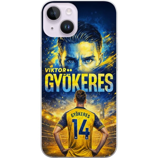Yhteensopiva Puhelinkuori Apple iPhone 14 Plus Viktor Gyökeres -jalkapallojuliste keltaisensinisen värimaailman ja dramaattisen stadiontaustan kera,