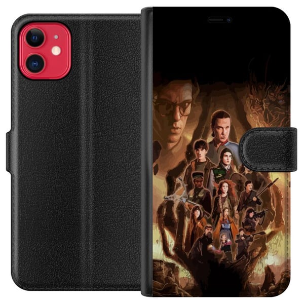 Kompatibel Tegnebogsetui til Apple iPhone 11 Stranger Things-gruppebillede med heltene i et mørkt fantasimiljø og et truende væsen Kompatibel Tegnebogsetui til Apple iPhone 11 Stranger Things-gruppebillede med heltene i et mørkt fantasimiljø og et truende væsen