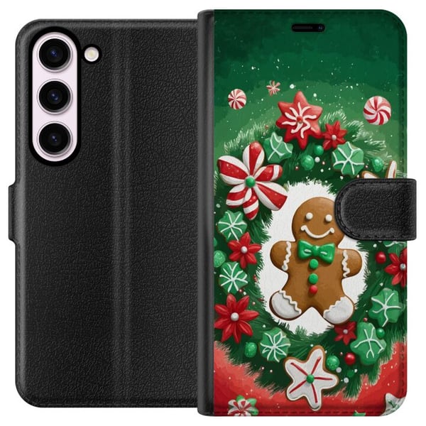 Kompatibel Tegnebogsetui til Samsung Galaxy S23 Peberkagekrans julemotiv med krans, peberkage og klassisk grøn-rød farvetone Kompatibel Tegnebogsetui til Samsung Galaxy S23 Peberkagekrans julemotiv med krans, peberkage og klassisk grøn-rød farvetone