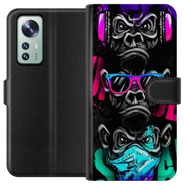 Kompatibel Tegnebogsetui til Xiaomi 12 Tre aber kunst – Graffitiinspireret neonmotiv ser ingenting, hører ingenting, siger ingenting