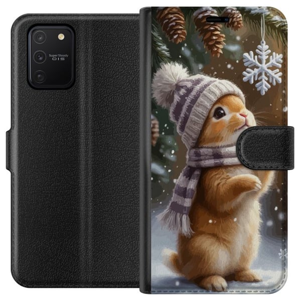Kompatibelt Lommeboketui til Samsung Galaxy S10 Lite Vinterkanin med lue og skjerf beundrer snøfnugg sjarmerende vintermotiv fylt med julestemning Kompatibelt Lommeboketui til Samsung Galaxy S10 Lite Vinterkanin med lue og skjerf beundrer snøfnugg sjarmerende vintermotiv fylt med julestemning