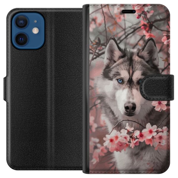 Kompatibelt Lommeboketui til Apple iPhone 12 Siberian Husky plakat hund blå øyne kirsebærblomster hund ulv natur dyr blomster søt retro design