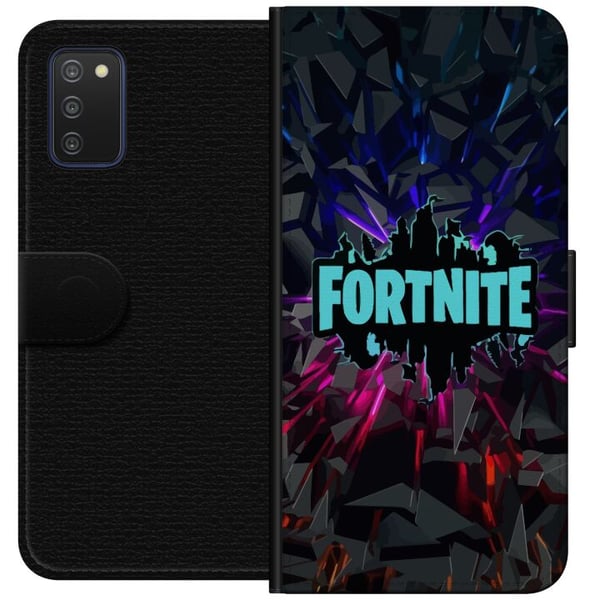 Kompatibelt Lommeboketui til Samsung Galaxy A03s Fortnite-plakat – Logo i blå neon på svart bakgrunn, gamingdesign