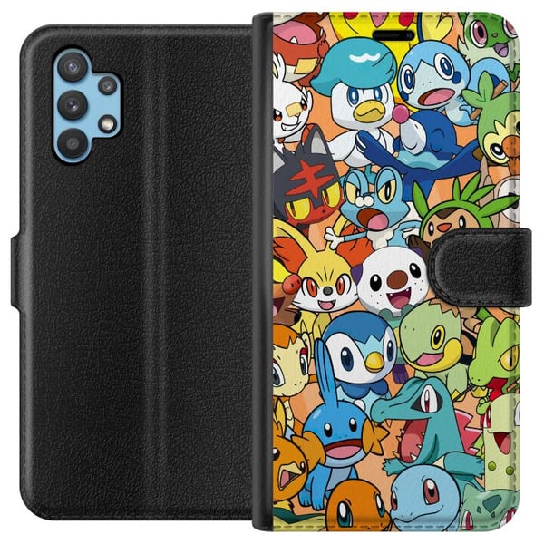 Kompatibelt Plånboksfodral till Samsung Galaxy A32 5G Pokémon design – Pikachu collage i färgstark illustration för samlare