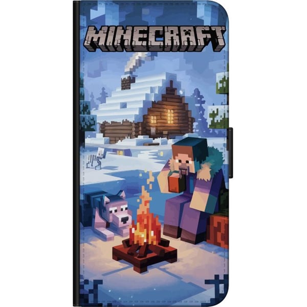 Kompatibelt Lommeboketui til Samsung Galaxy A03s Minecraft-vintermotiv med Steve, ulv, leirbål og snødekt hytte, spillillustrasjon for Minecraft-fans