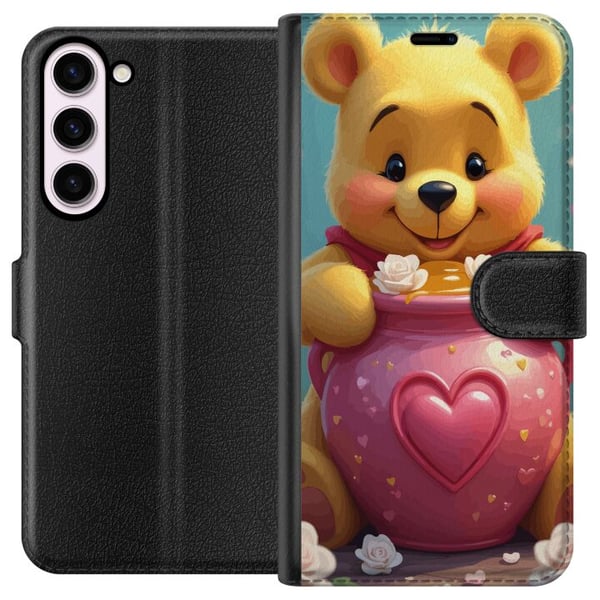 Kompatibel Tegnebogsetui til Samsung Galaxy S23+ Sød gul bjørn inspireret af Peter Plys med hjerteformet lyserødt glas og honning, et varmt og charme Kompatibel Tegnebogsetui til Samsung Galaxy S23+ Sød gul bjørn inspireret af Peter Plys med hjerteformet lyserødt glas og honning, et varmt og charme