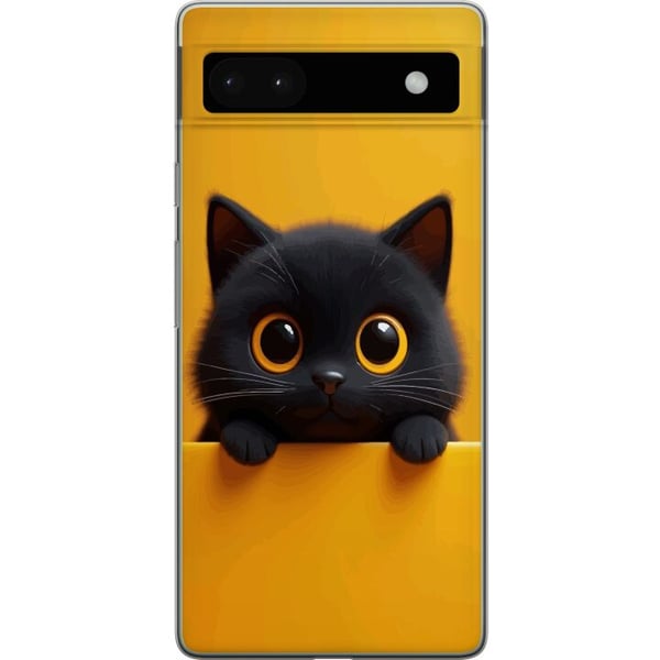 Yhteensopiva Puhelinkuori Google Pixel 6a Söpö musta kissa, jolla on suuret silmät, keltaisella taustalla – minimalistinen eläinkuvitus lämpimin väre
