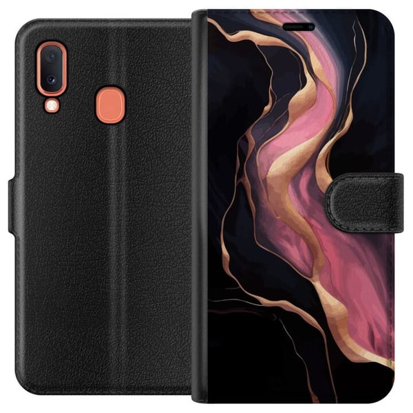 Kompatibelt Lommeboketui til Samsung Galaxy A20e Abstrakte bølger i svart med rosa striper og gullfargede kanter som flytende marmor mot mørk bakgrun Kompatibelt Lommeboketui til Samsung Galaxy A20e Abstrakte bølger i svart med rosa striper og gullfargede kanter som flytende marmor mot mørk bakgrun