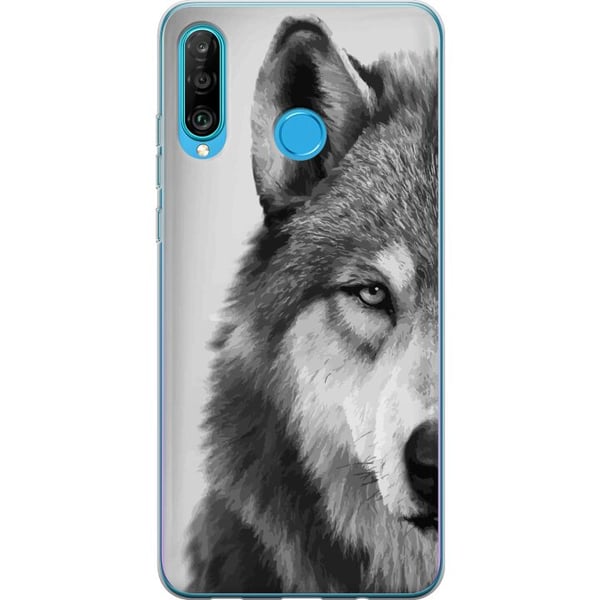 Kompatibelt Mobilskal till Huawei P30 lite Svartvitt vargporträtt med intensiv blick detaljerad päls och kraftfull känsla stilrent naturmotiv med sta