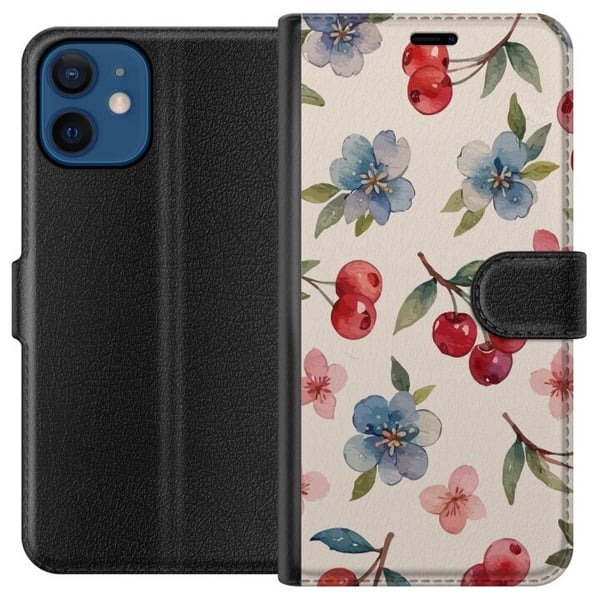 Kompatibelt Lommeboketui til Apple iPhone 12 Bær & Blomster - mønster med blå blomster og skogsbær