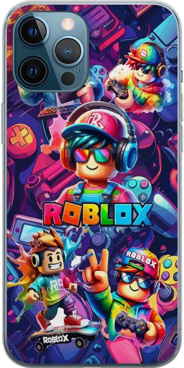 Kompatibelt Mobilskal till Apple iPhone 12 Pro Max Färgstark Roblox-gaminggrupp med hörlurar och neonfärger för barn och spelintresserade