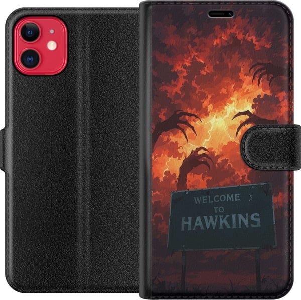 Yhteensopiva Lompakkokotelo Apple iPhone 11 Apokalyptinen kohtaus, jossa on liekehtivä taivas ja Hawkins-kyltti Stranger Things -hengessä
