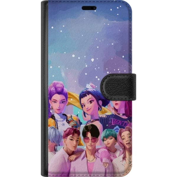 Kompatibelt Lommeboketui til Samsung Galaxy S23 Ultra HuntrX Collab-motiv med fargerike K-pop-karakterer i moderne futuristisk stil med glitrende det