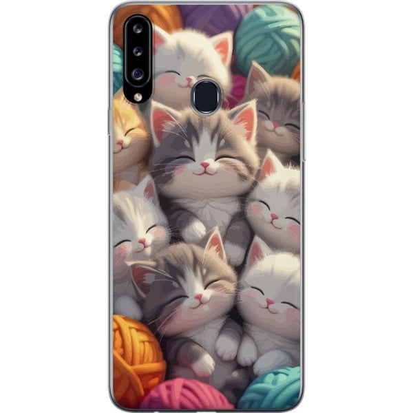 Kompatibelt Mobilskal till Samsung Galaxy A20s Sovande kattungar ihopkurade bland färgglada garnnystan i mjuk illustration