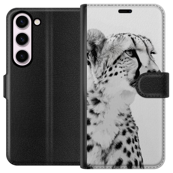 Kompatibelt Lommeboketui til Samsung Galaxy S23 Stilrent svart-hvitt nærbilde av en gepard med et rolig blikk, elegante markeringer og et edelt uttry