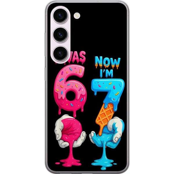 Kompatibel Mobilcover til Samsung Galaxy S23 Farverig fødselsdagsillustration med teksten Jeg var 6, nu er jeg 7, smeltende tal, legende børnevenligt Kompatibel Mobilcover til Samsung Galaxy S23 Farverig fødselsdagsillustration med teksten Jeg var 6, nu er jeg 7, smeltende tal, legende børnevenligt