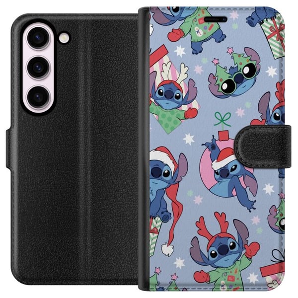 Kompatibel Tegnebogsetui til Samsung Galaxy S23 Disney Stitch-julemønster – sødt Stitch-julemotiv med nissehuer, rensdyrgevir og blå baggrund