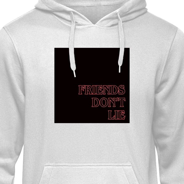 Barnehettegenser Stranger Things Venner Lyver Ikke - neonrød tekstdesign med populært Stranger Things sitat fra serien Grå 12-13 År