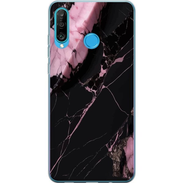 Kompatibelt Mobilskal till Huawei P30 lite Svart och rosa marmormönster med kraftiga kontraster, skarpa spricklinjer och polerad stenestetik