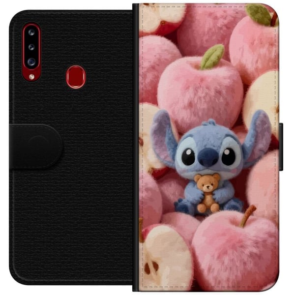 Kompatibelt Plånboksfodral till Samsung Galaxy A20s Stitch i fluffiga rosa äpplen med liten nalle i charmig kawaii-estetik